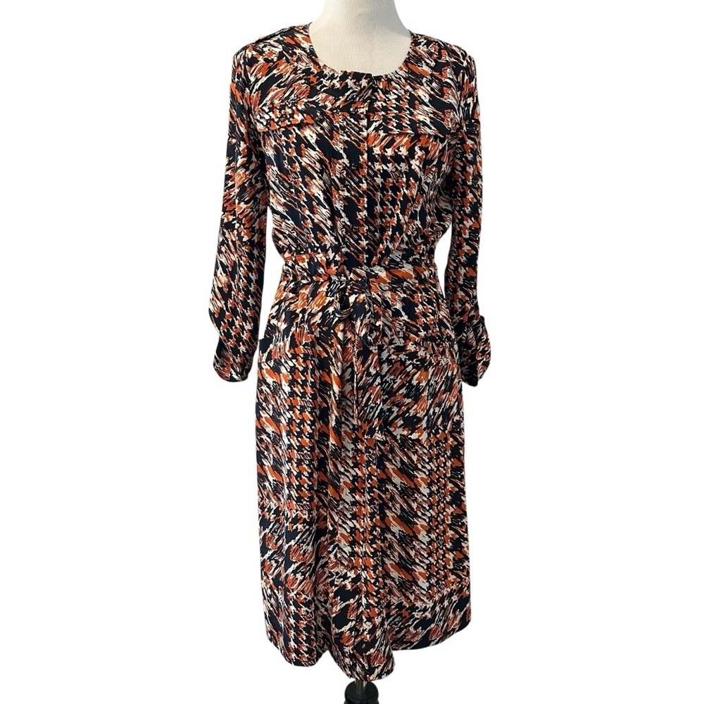 Tyler Boe Elegant Silk Navy Blue and Orange Patterned Long Sleeve Dress
